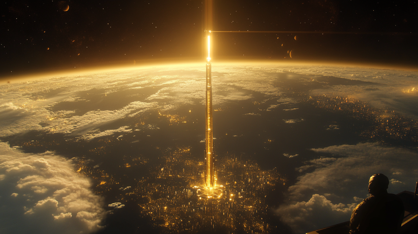 A golden space elevator rises from Earth into space, glowing against the black sky, as Vannevar Morgan looks on from orbit, reflecting on the achievement.