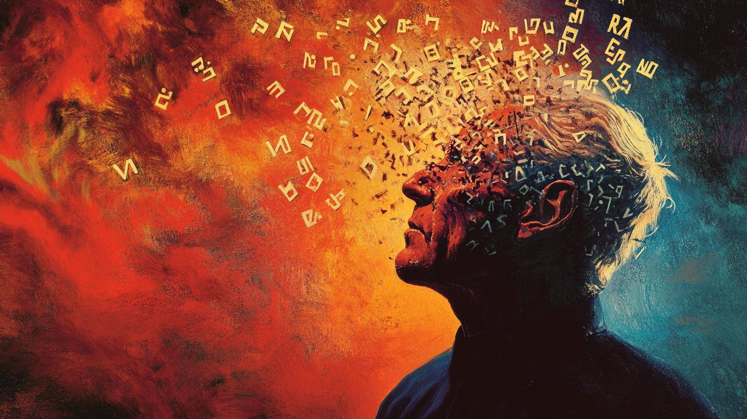 Abstract portrait of a man with letters exploding from his head, symbolizing psychological breakdown and experimental narrative style
