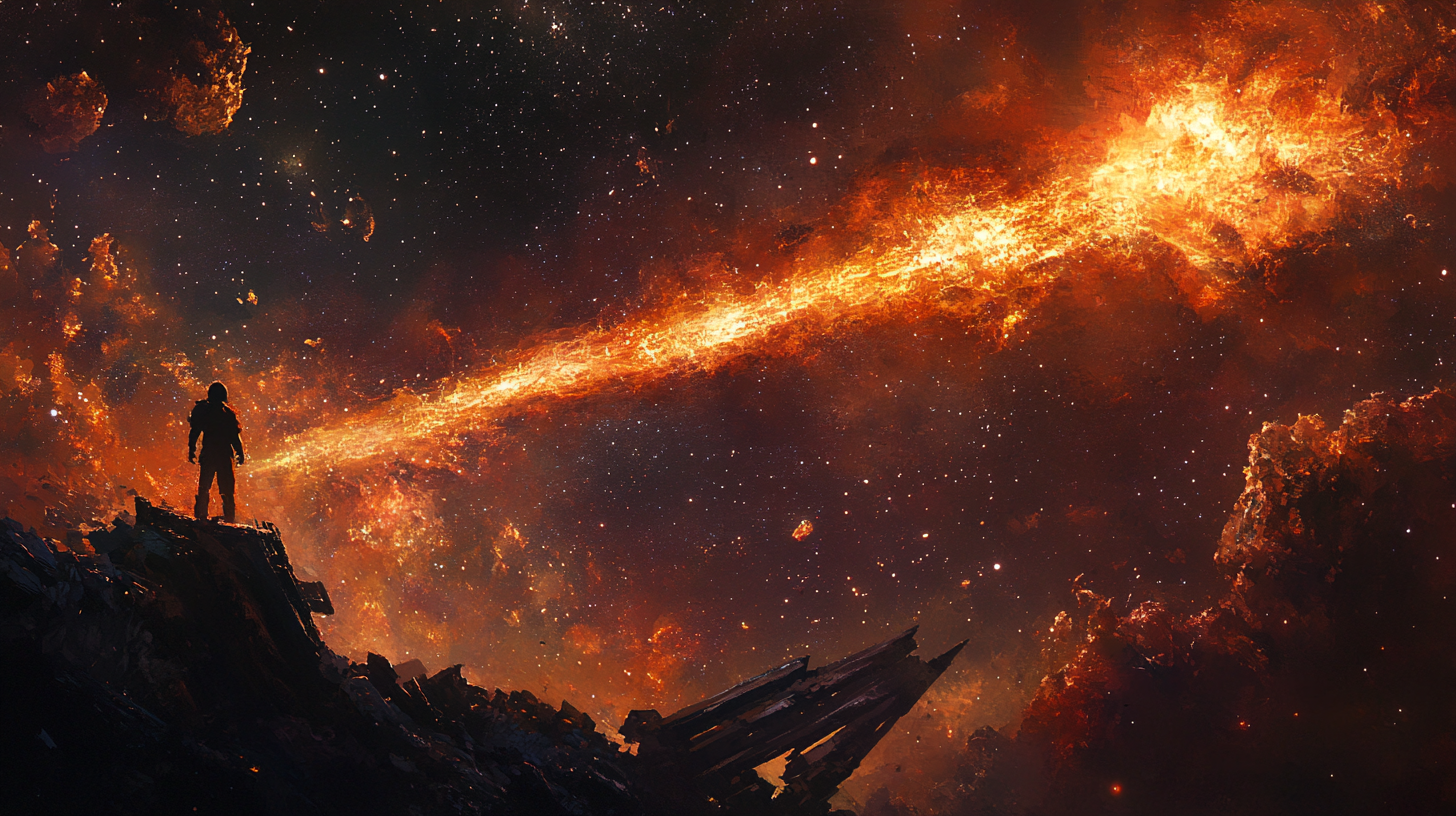Astronaut standing on ruins gazing at a fiery streak across the cosmos, representing lasting impact and the enduring force of a visionary work