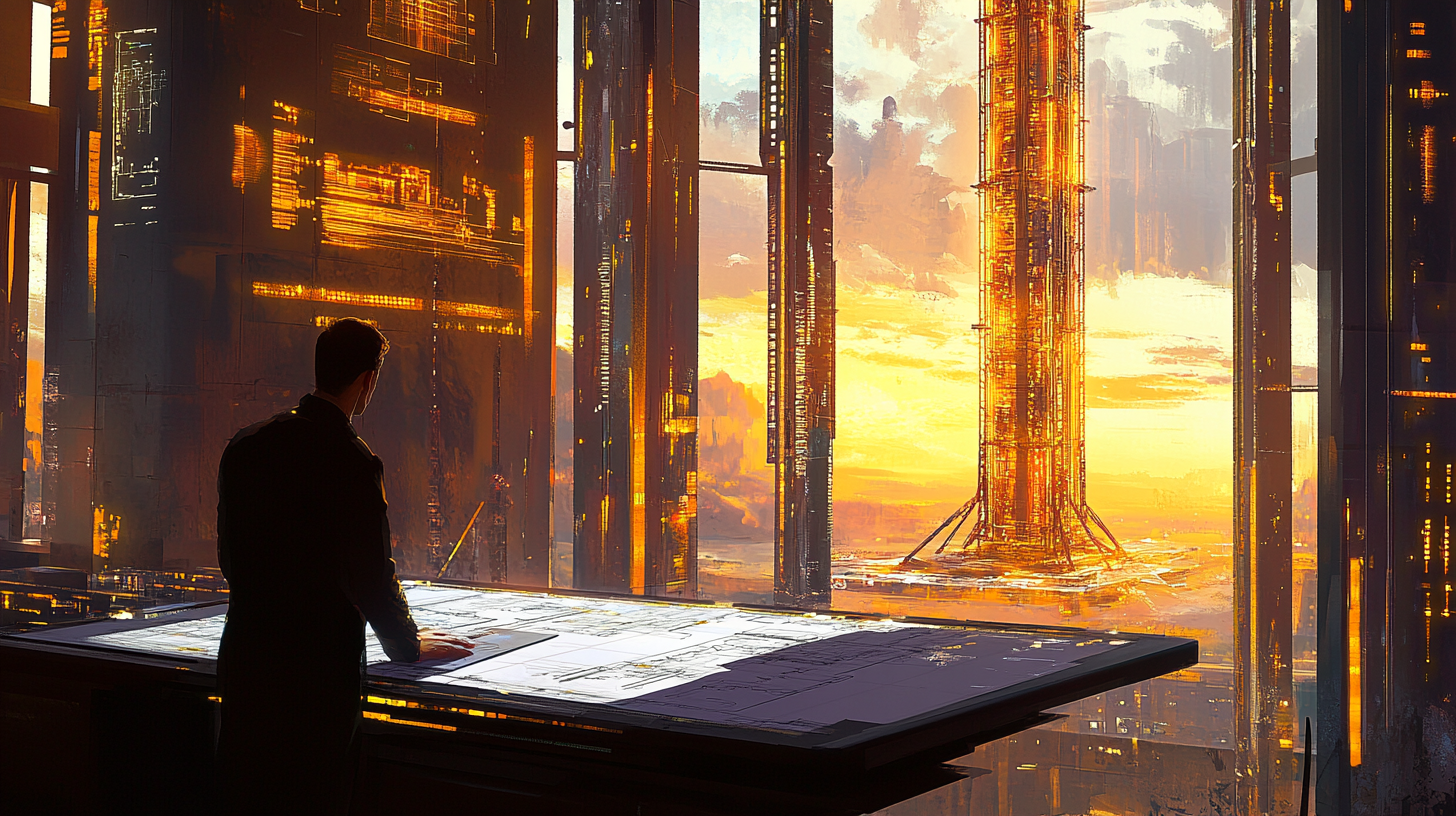 Vannevar Morgan studies vast blueprints at a glowing table as a golden space elevator soars beyond his window, illuminated by the rising sun.