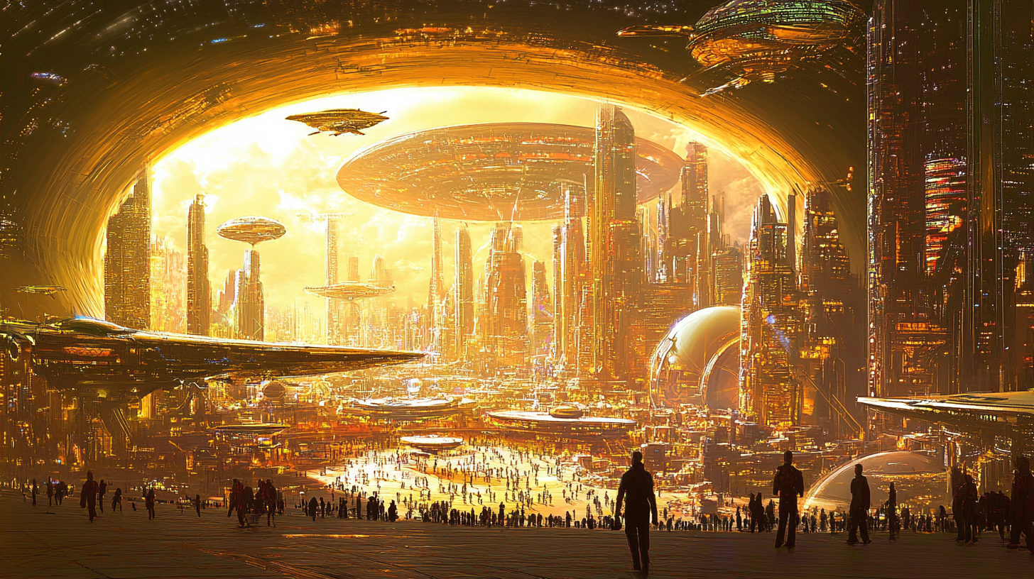 Golden futuristic city enclosed in a dome with flying vehicles and large crowds, suggesting harmony and loss of vitality