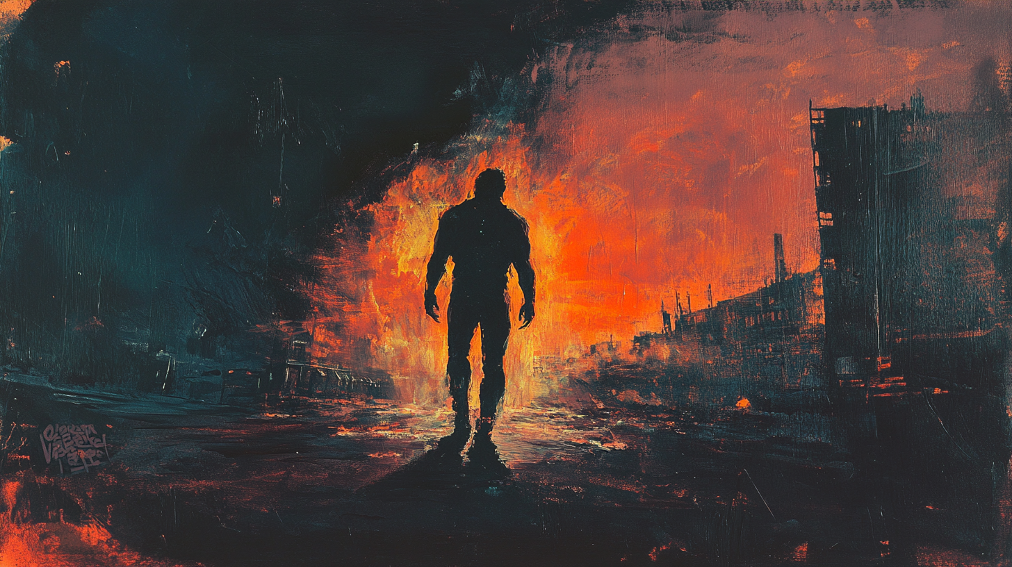 Silhouette of a muscular man walking through flames in a ruined cityscape, symbolizing rage, transformation, and moral ambiguity