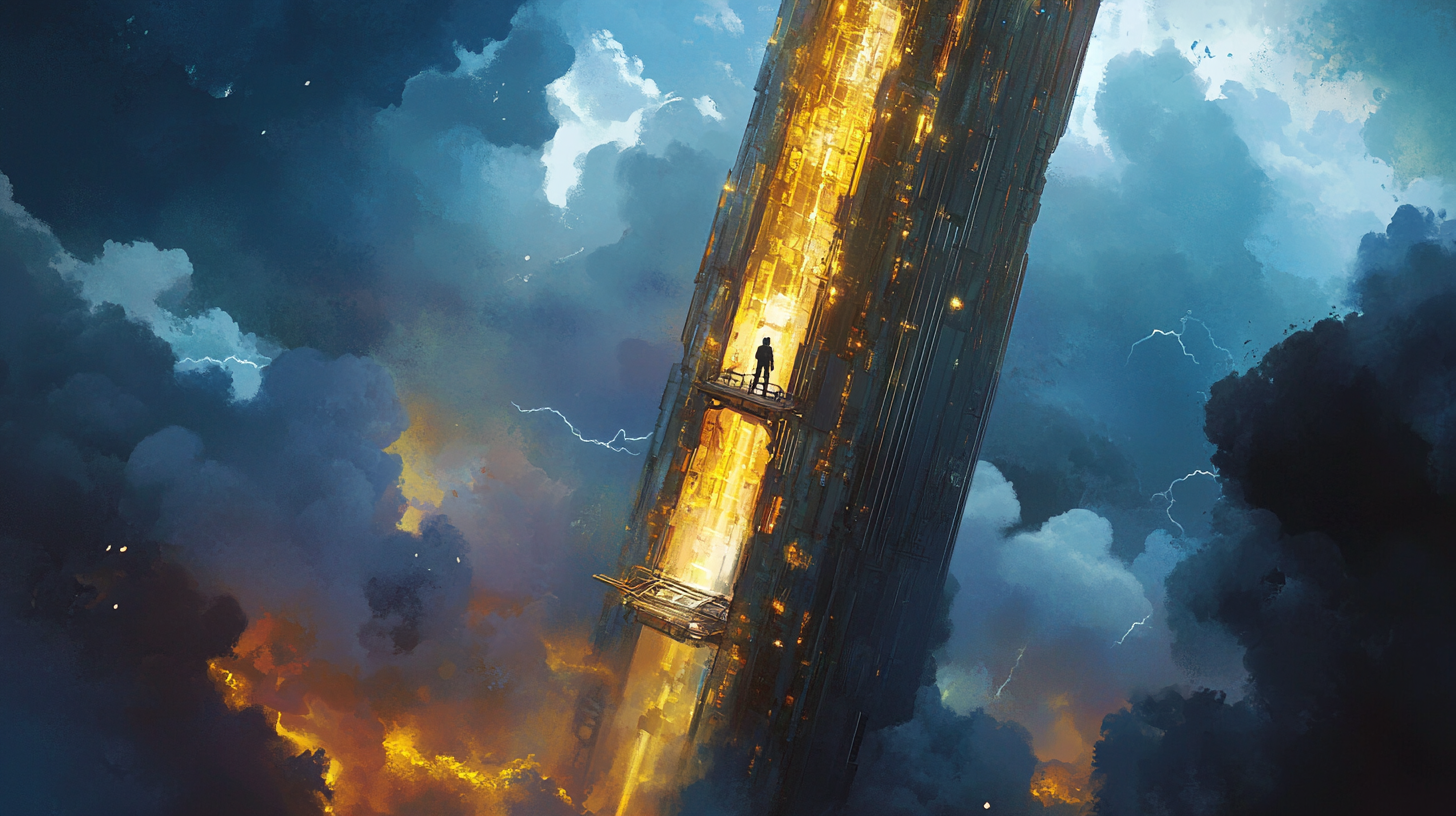 Vannevar Morgan stands alone on a narrow platform of the golden space elevator, surrounded by storm clouds and lightning, as the colossal structure rises endlessly into the sky.