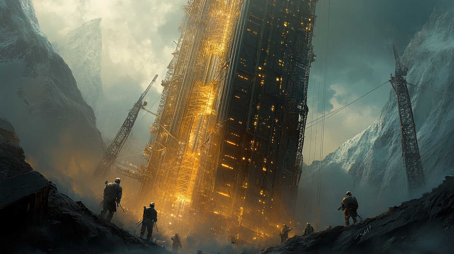 Vannevar Morgan and his team work at the base of a colossal space elevator under construction, glowing with golden light as it rises through mist and mountain peaks.