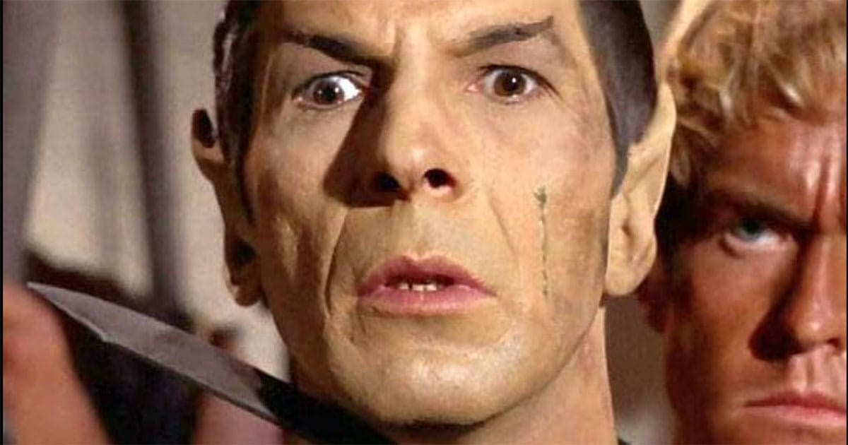 In this screen capture, Spock is shown with a knife at his throat.