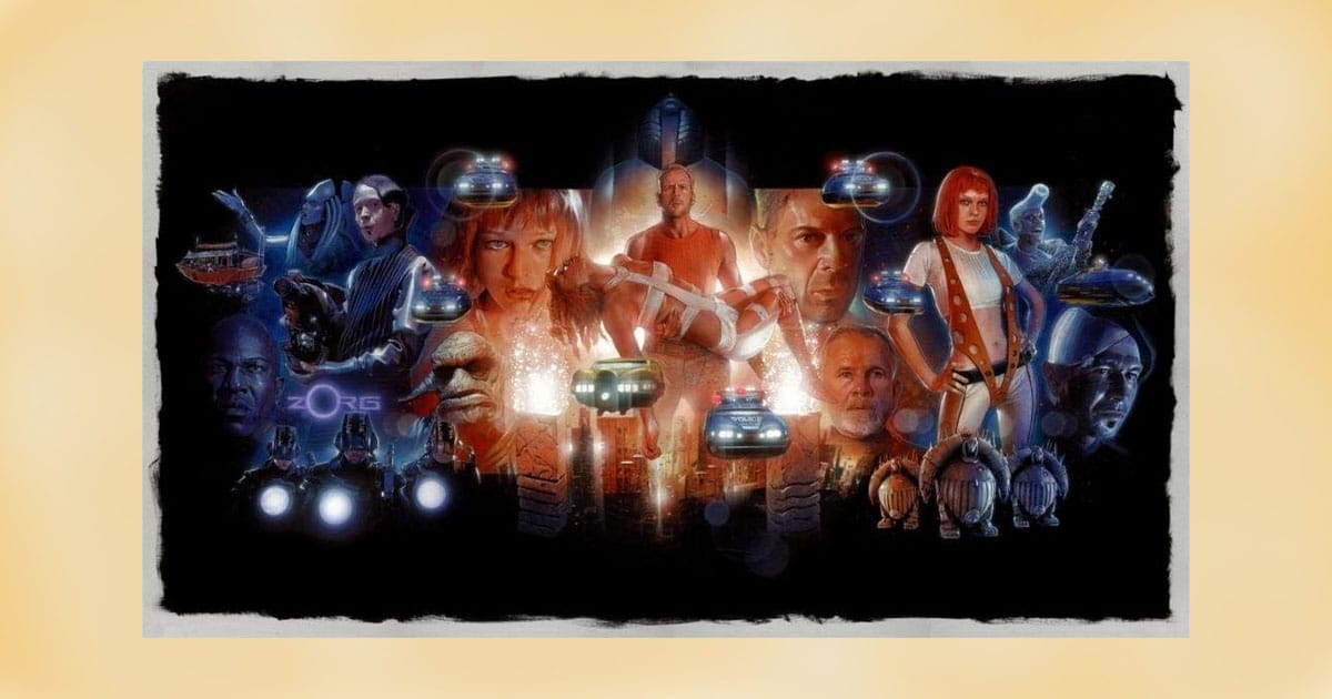 Canvas poster featuring characters and flying cars from The Fifth Element movie in a collage-style design.