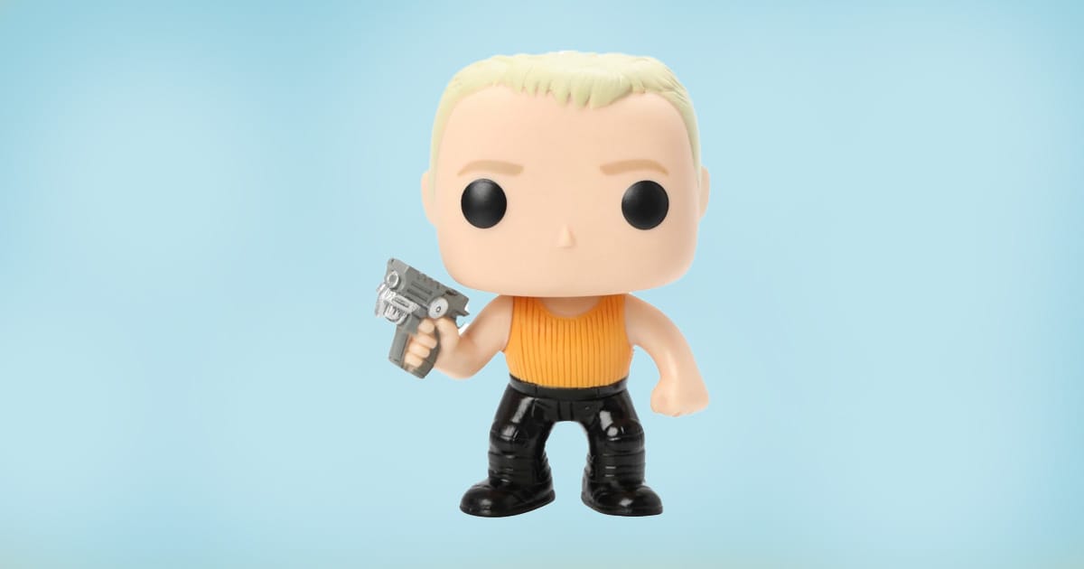 Funko Pop vinyl figure of Korben Dallas from The Fifth Element holding a futuristic gun and wearing orange tank top