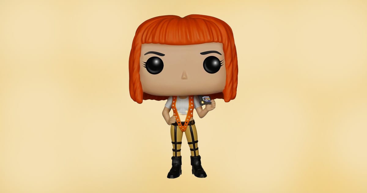 Funko Pop vinyl figure of Leeloo from The Fifth Element with orange hair and futuristic outfit holding a multipass.