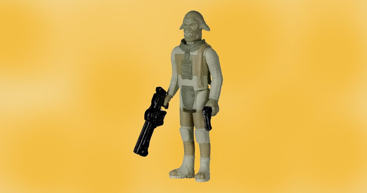 Funko ReAction action figure of a Mangalore soldier from The Fifth Element holding two black futuristic guns.