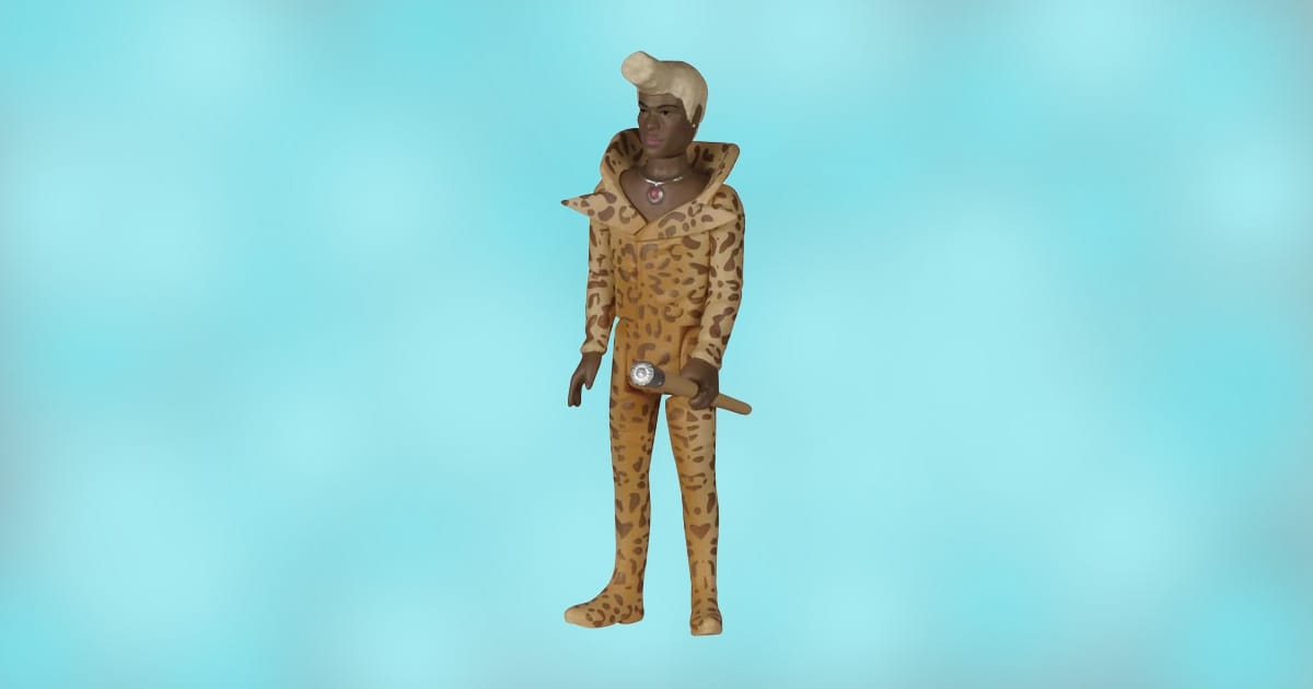 Funko ReAction Ruby Rhod action figure in leopard suit holding microphone from The Fifth Element.