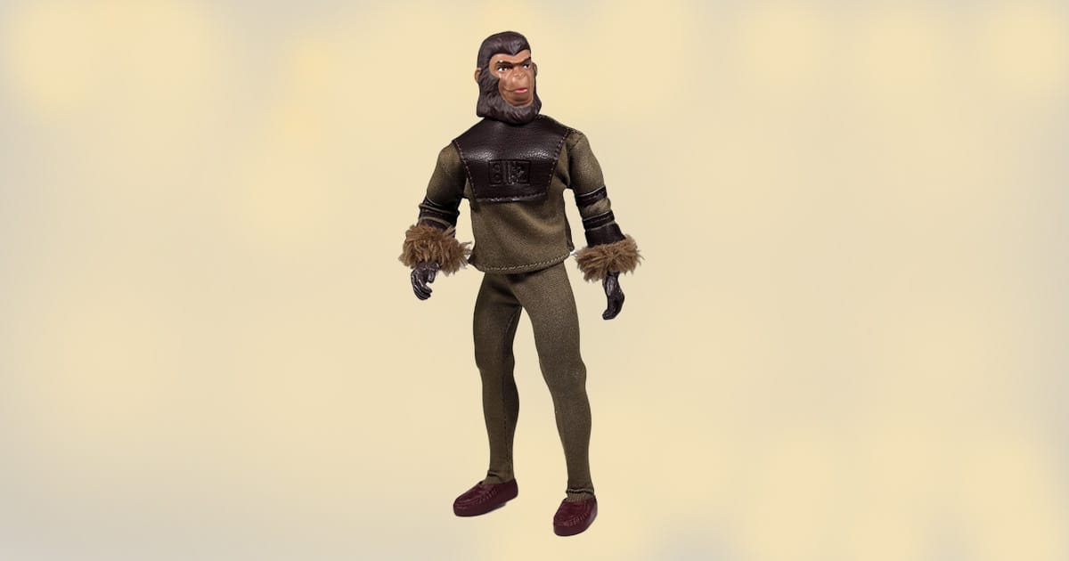 8-inch Cornelius action figure from Planet of the Apes wearing fabric outfit with fur cuffs and retro detailing