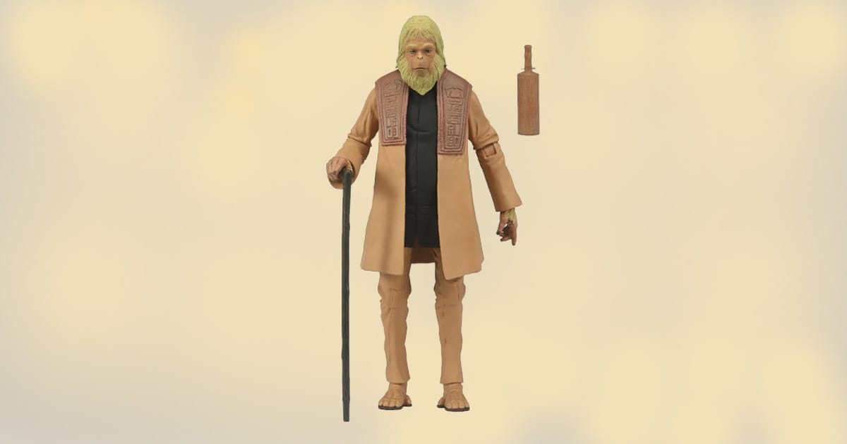 18cm Dr. Zaius action figure from Planet of the Apes with orange robe, cane, and scroll accessory