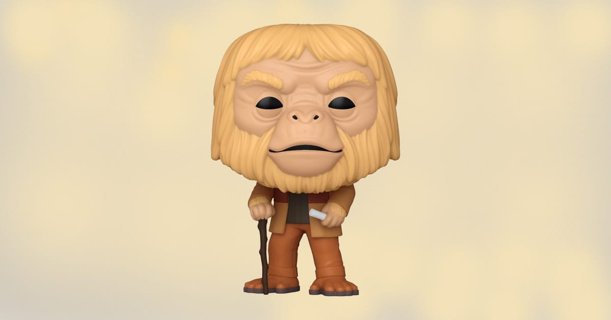 Funko Pop Dr. Zaius figure from Planet of the Apes with orange robe, white scroll, and walking stick