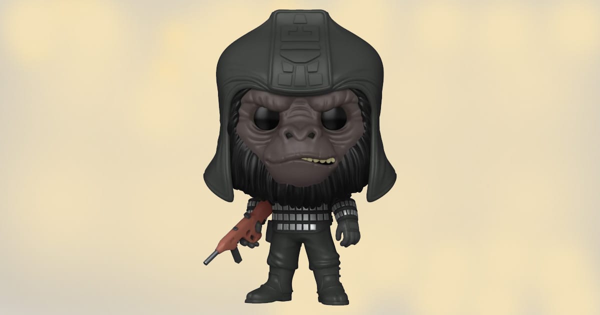 Funko Pop General Ursus vinyl figure from Planet of the Apes holding a rifle and wearing black helmet and armor
