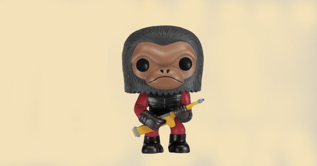 Funko Pop Ape Soldier figure from Planet of the Apes with red uniform and yellow rifle.