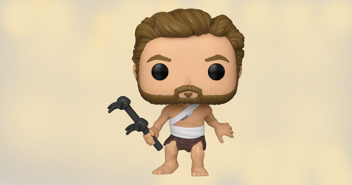 Funko Pop John Brent figure from Planet of the Apes holding primitive tool and wearing torn cloth costume.