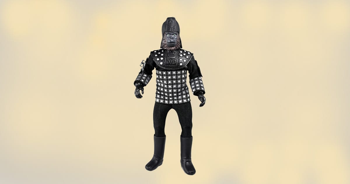 8-inch General Ursus action figure from Planet of the Apes wearing black and silver armor with helmet.