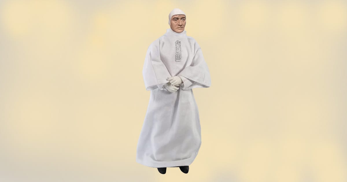 8-inch Mutant Leader action figure from Planet of the Apes wearing white robe with silver emblem and gloves.