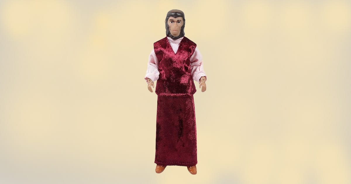 8-inch Zira action figure from Planet of the Apes wearing red velvet dress and pink blouse with detailed sculpt.
