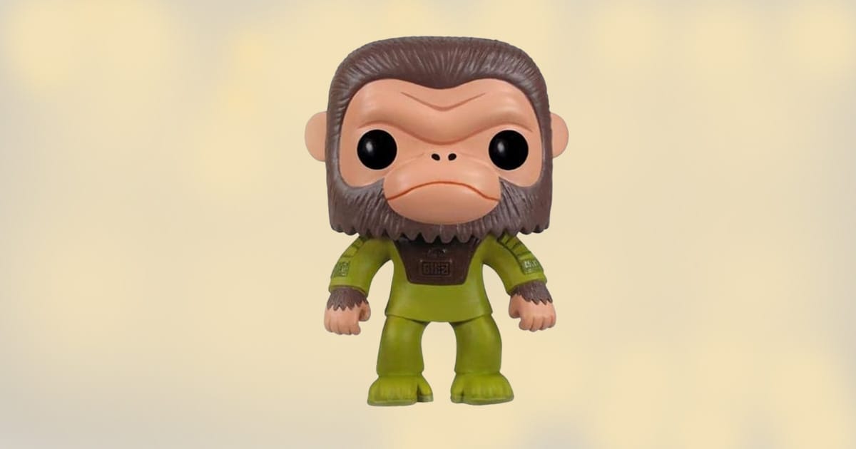 Funko Pop Cornelius figure from Planet of the Apes with green suit and stylized chimpanzee features.