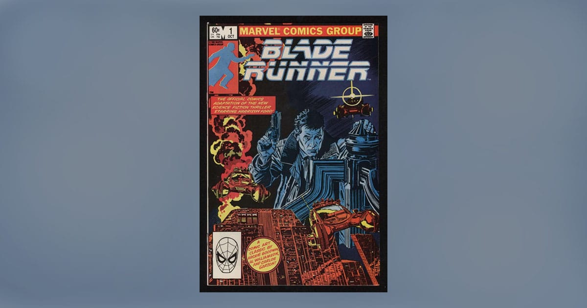 Cover of Marvel's Blade Runner #1 comic book showing Deckard with gun and flying cars above a futuristic cityscape.