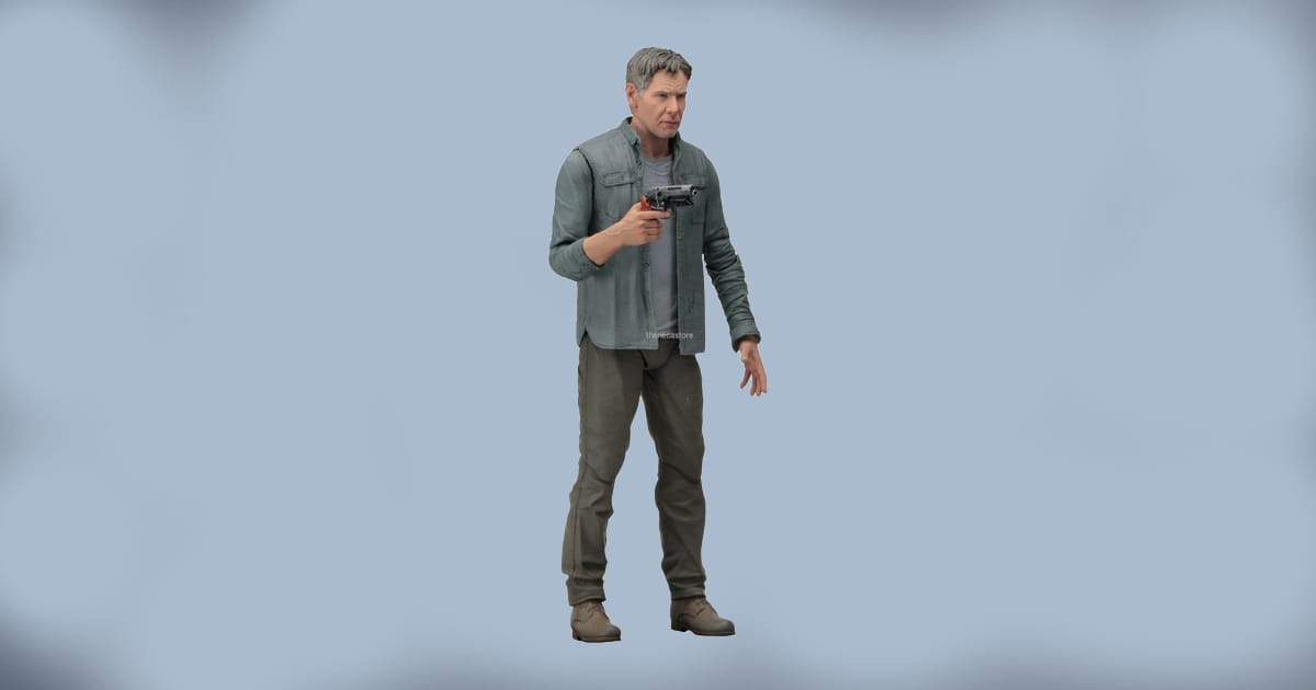 Deckard action figure from Blade Runner 2049 holding a gun and wearing gray shirt and pants.