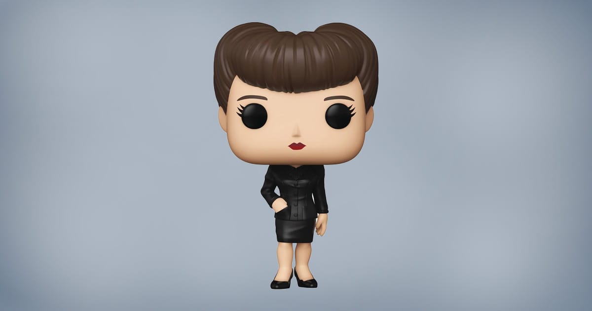 Funko Pop figure of Rachael from Blade Runner wearing black dress with styled brown hair.