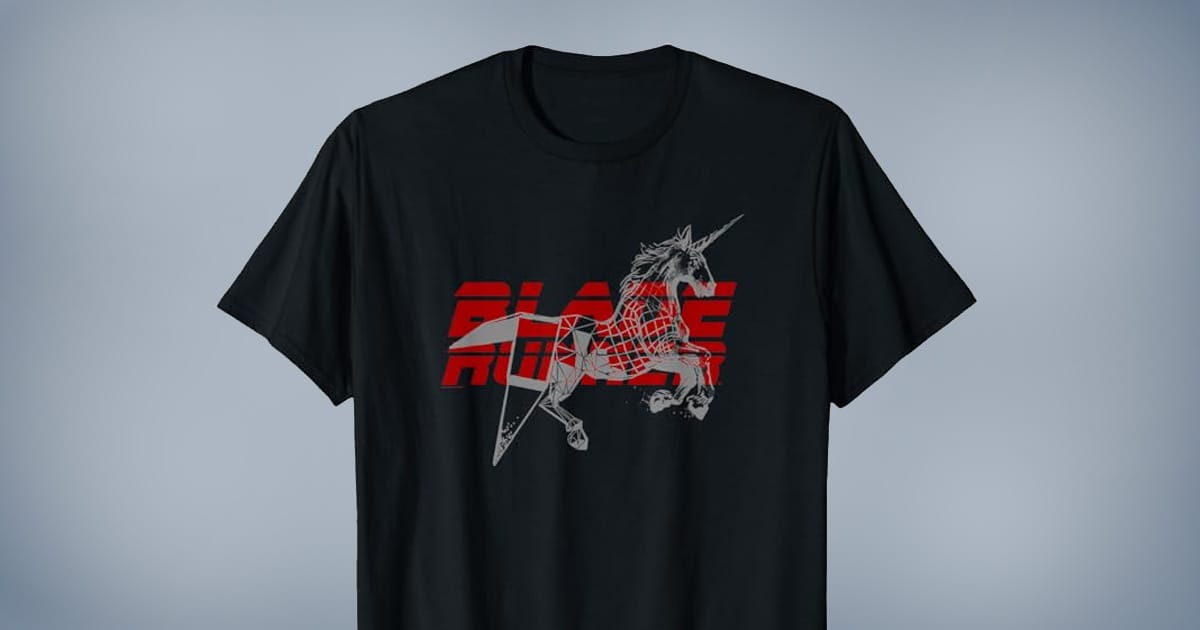 Black Blade Runner t-shirt featuring origami unicorn design and red Blade Runner text.