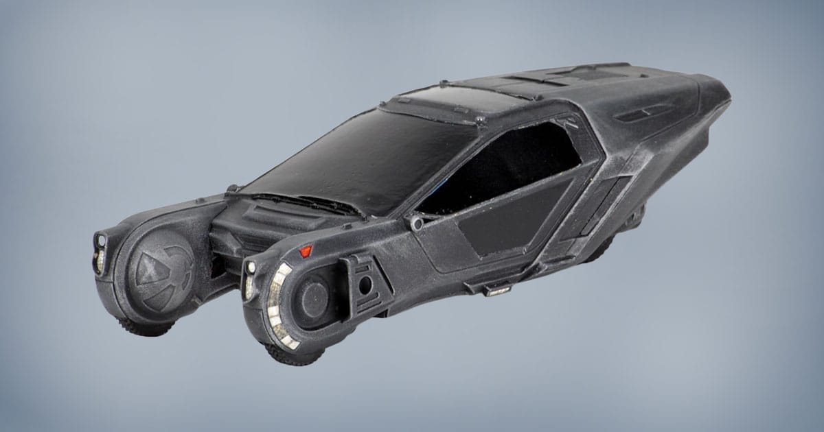 Blade Runner 2049 die-cast Spinner replica with black body and detailed design.
