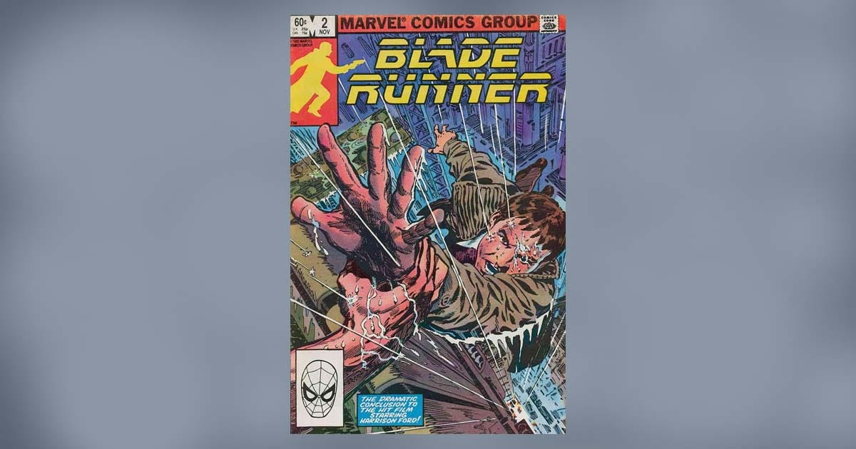 Cover of Marvel's Blade Runner #2 comic showing Rick Deckard hanging from a building in a dramatic rain-soaked scene.
