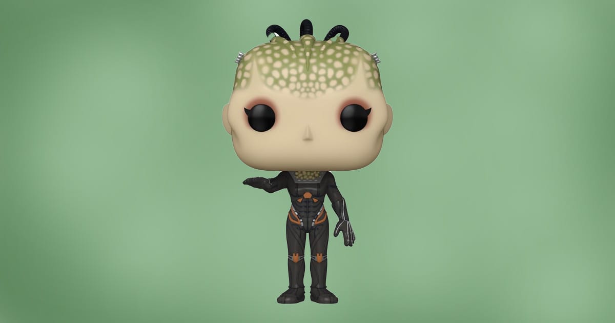 Funko Pop figure of the Borg Queen from Star Trek: The Next Generation, featuring cybernetic detailing and green biomechanical crown, against green background.