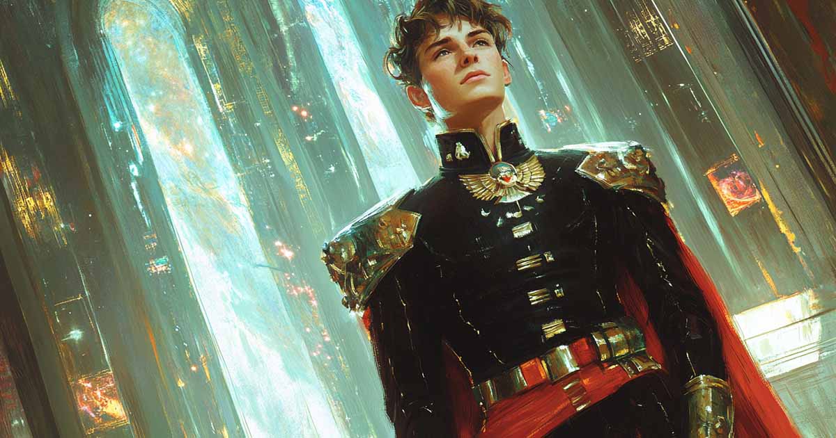 Young Captain Lorq Von Ray in a ceremonial black and red uniform, standing in a futuristic hall of light and steel, surrounded by towering windows that reveal the stars beyond.