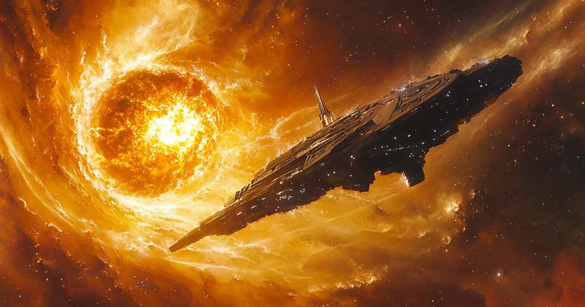 Starship Rocinante flying toward the blazing core of a forming nova, surrounded by glowing waves of solar fire and deep space, with intense orange and gold lighting across its hull.
