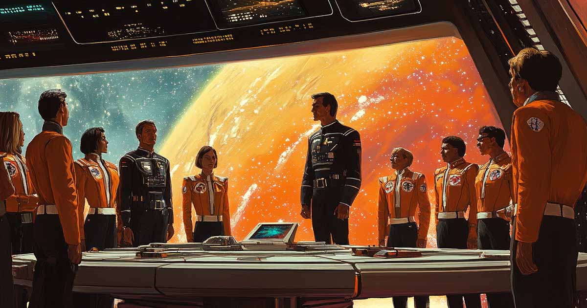 Captain Lorq Von Ray standing with his crew aboard a starship, gathered around a central table, with a vivid starfield and orange planet glowing through the command deck windows.