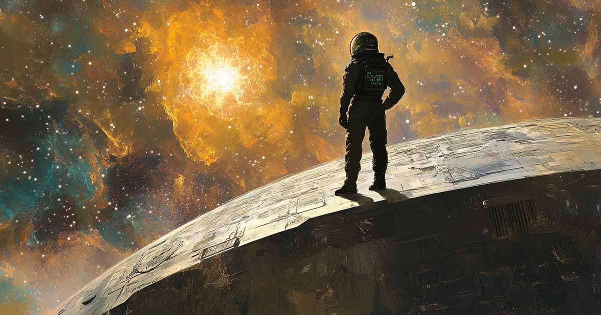 Captain Lorq Von Ray standing alone atop his starship, gazing into a glowing nebula in deep space, with golden light washing over the hull and distant stars shining in the cosmic background.