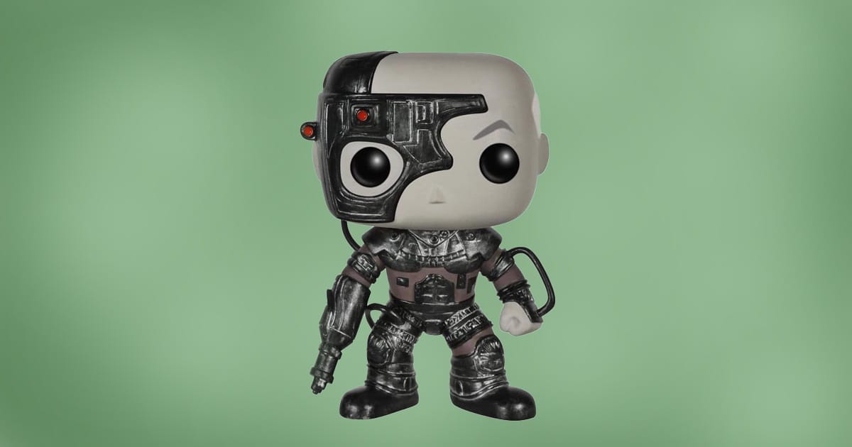 Funko Pop figure of Locutus of Borg from Star Trek: The Next Generation featuring cybernetic implants and armor, against green background