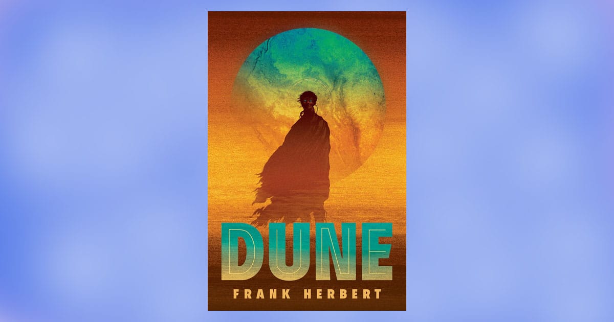 Cover of Dune by Frank Herbert featuring a lone figure against a golden desert and blue sun background.