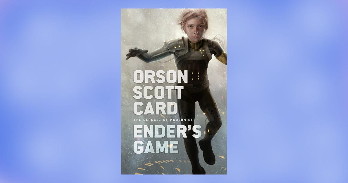 Cover of Ender's Game by Orson Scott Card featuring a young boy in a futuristic battle suit floating in space.