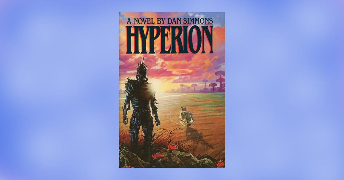 Cover of Hyperion by Dan Simmons featuring a dark armored figure standing before a vivid alien landscape at sunset.