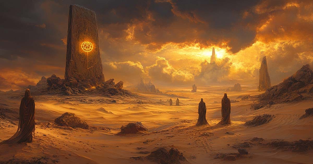 Desert landscape with robed figures standing near glowing monoliths under a dramatic sky, evoking themes of prophecy, faith, and destiny in a science fiction world.