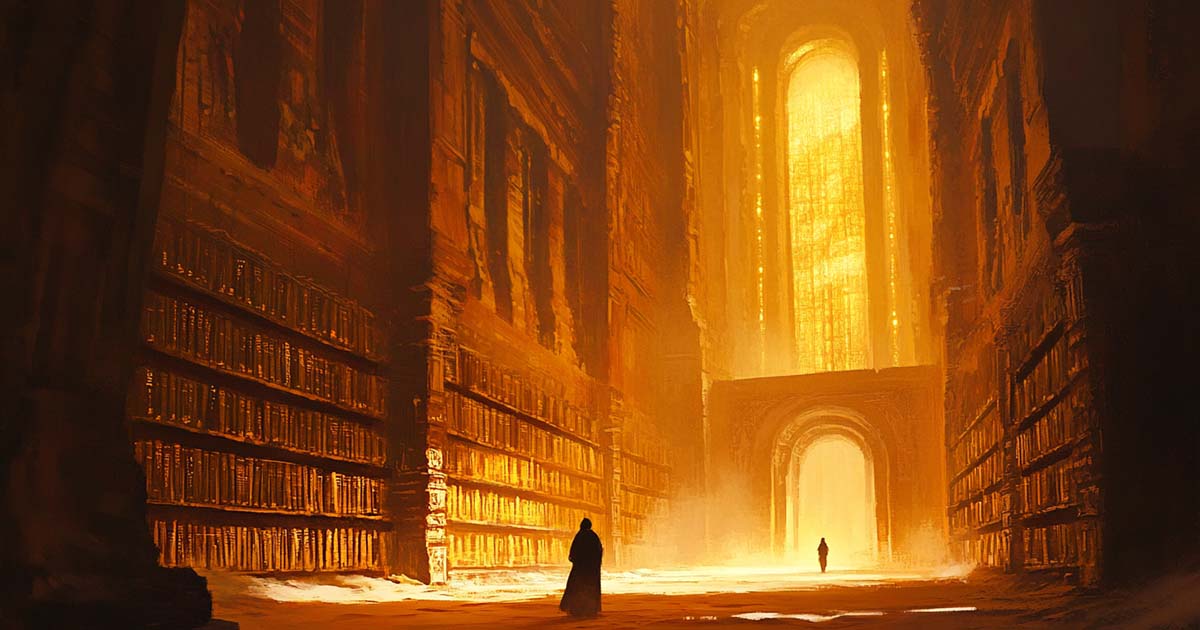 Vast ancient library with towering shelves and glowing light, lone figure walking through a desert-hued hall, evoking themes of structure and reflection in science fiction