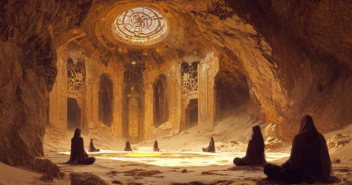 Ancient desert temple interior with robed figures meditating in a sand-covered chamber, evoking themes of discipline and tradition in a science fiction setting.