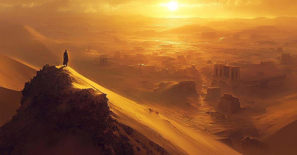 Figure standing atop a dune at sunrise overlooking ancient desert ruins, symbolizing legacy, reflection, and the enduring vision of science fiction.
