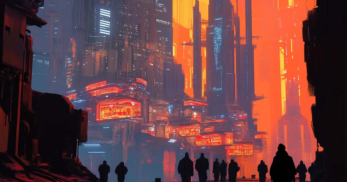 Futuristic cityscape with glowing red structures, towering architecture, and shadowy figures walking through overlapping urban layers.