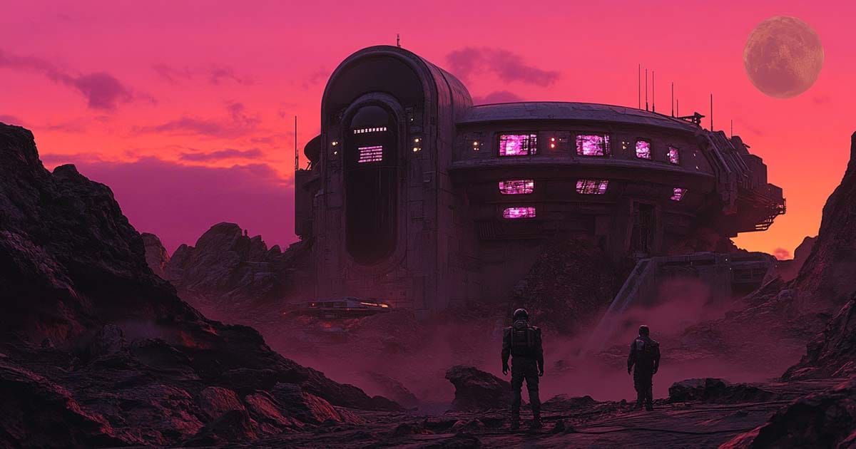 Futuristic Martian colony at sunset with two figures in spacesuits approaching a brutalist structure under a red sky.