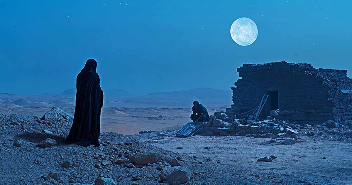 A robed humanoid figure stands in a desert watching a man crouched near a ruined shelter under a large moon.