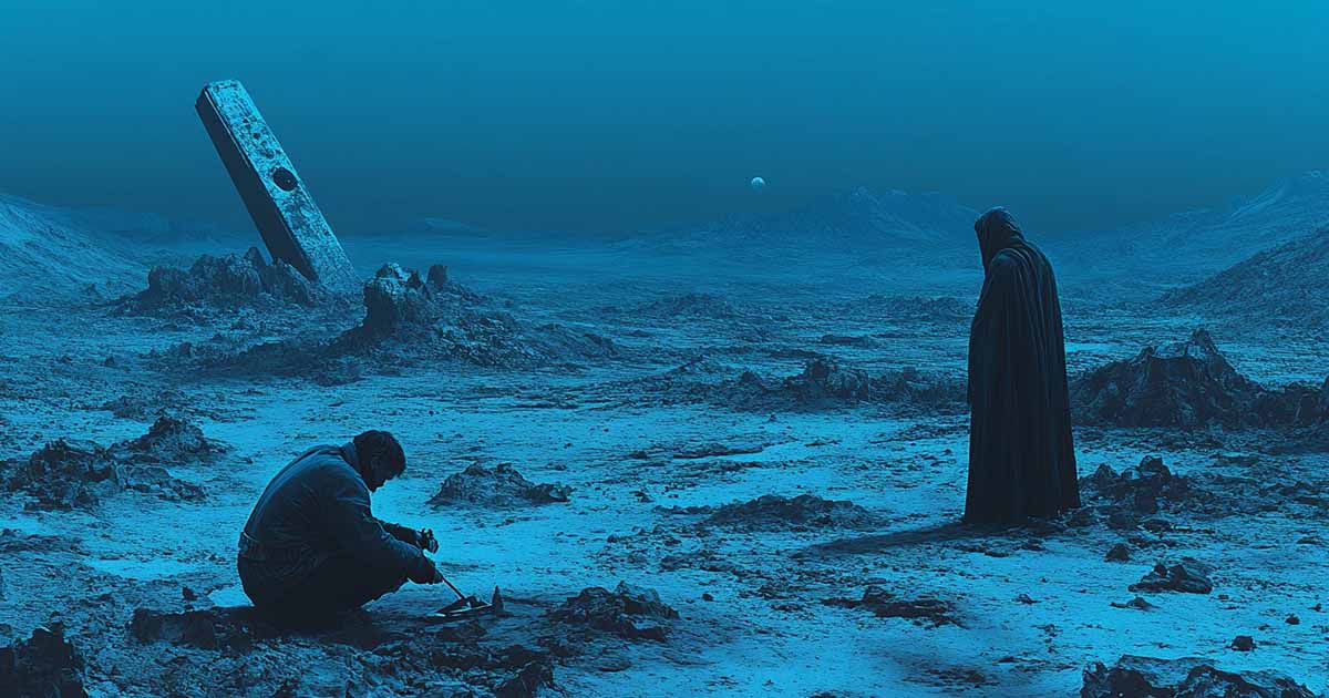 A robed figure stands at a distance from a crouching man on a blue-toned alien plateau with rocky terrain and distant mountains.