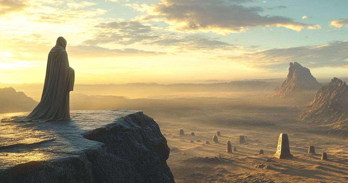 A cloaked figure stands on a cliff at dawn, overlooking an alien valley filled with stone monoliths and golden light.