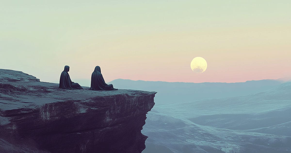 A human and a cloaked figure sit side by side on a cliff overlooking an alien landscape at dusk with a full moon rising.