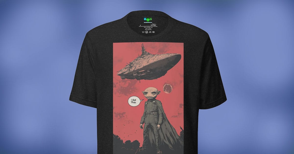 Cartoon alien in a cape under a massive hovering spaceship, echoing 1950s sci-fi invasion imagery—t-shirt design with retro war-of-the-worlds flair.
